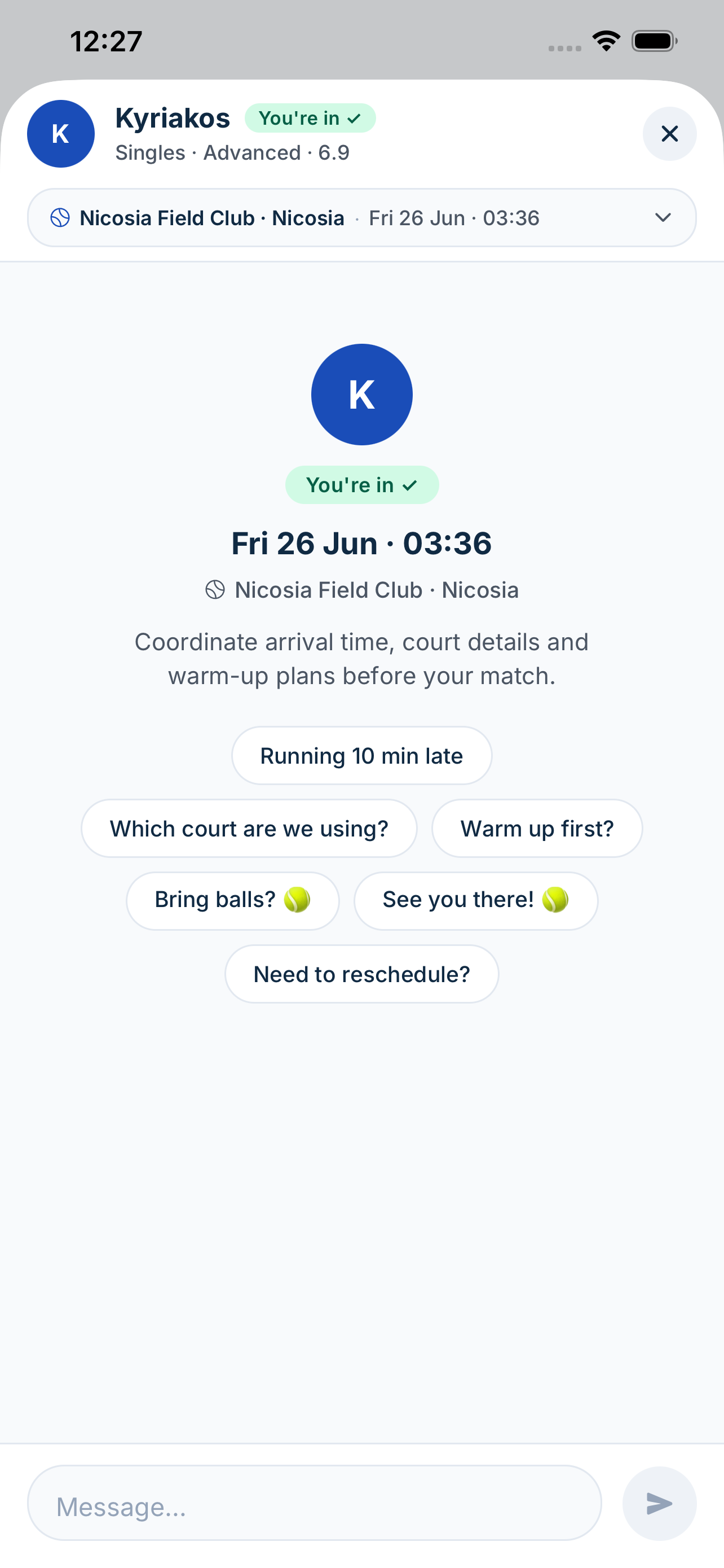 In-app chat — message a player and arrange your next match