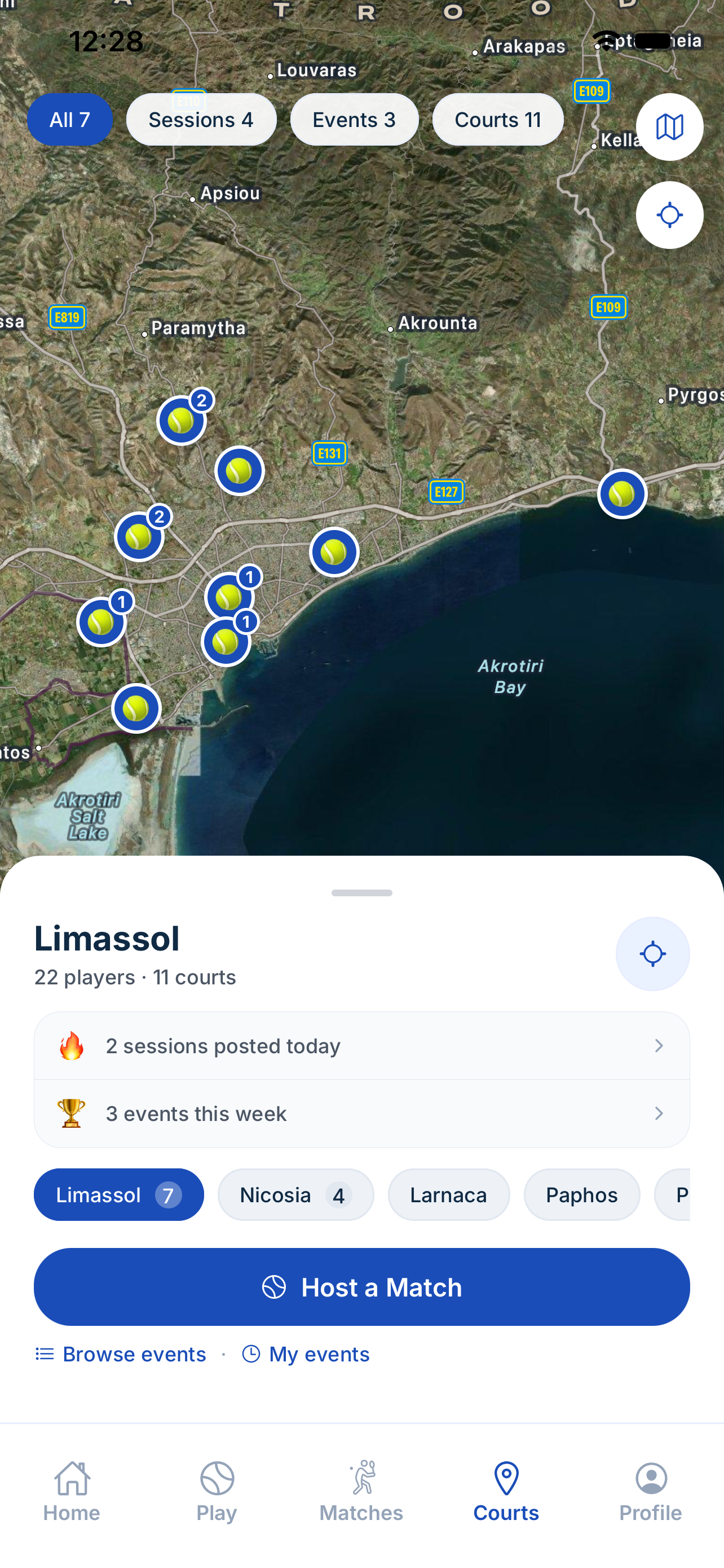 Tennis courts map of Cyprus — Limassol with 11 courts and open sessions