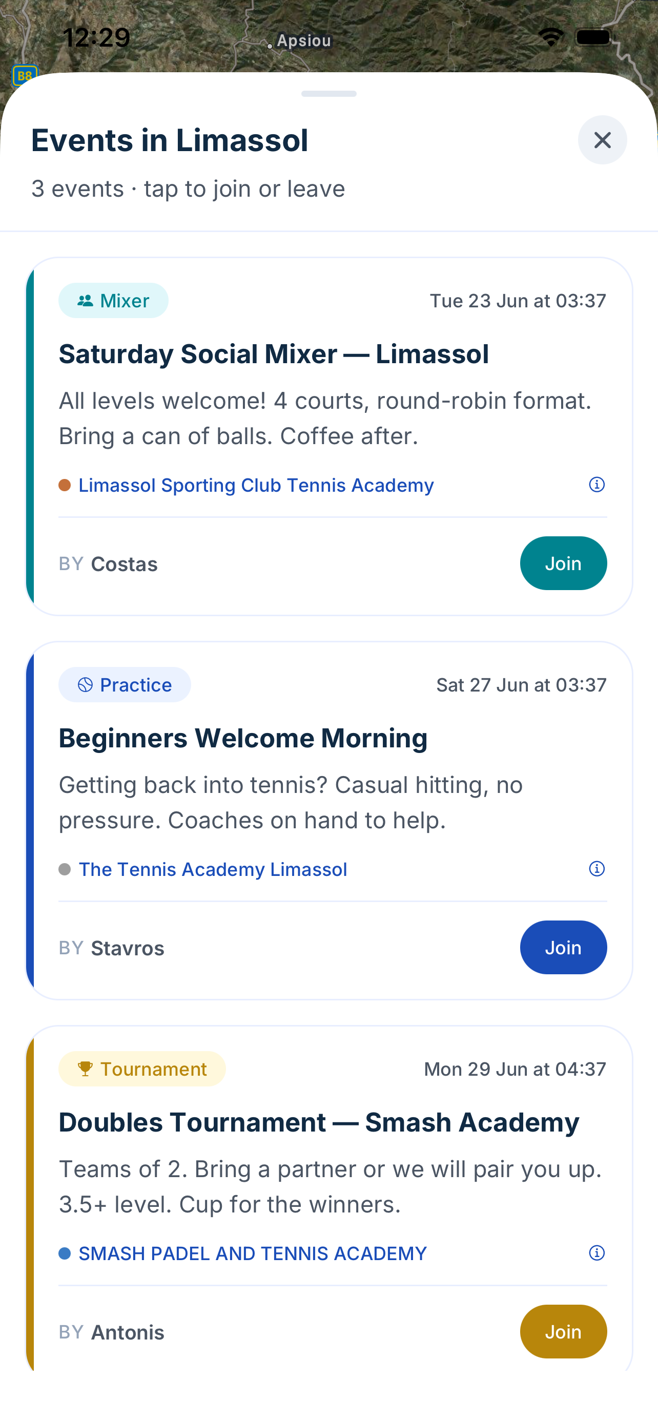 Tennis events in Limassol — mixers, beginner mornings and tournaments