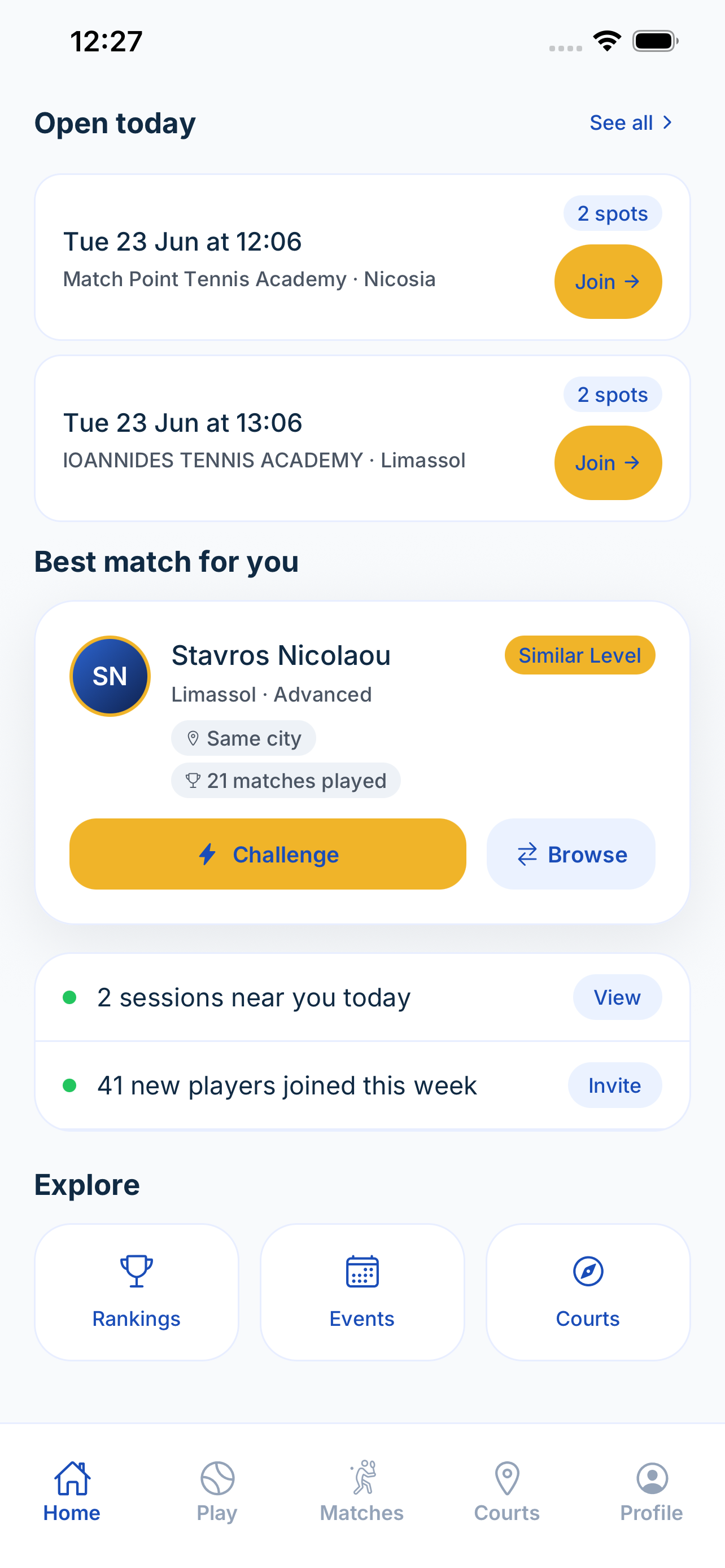Best match for you — player cards filtered by skill level in Limassol