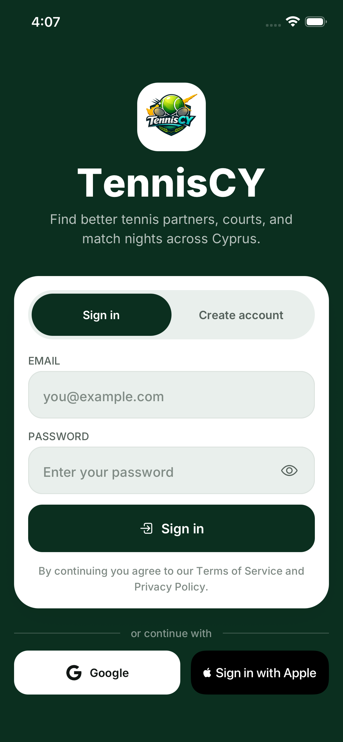 Sign in screen