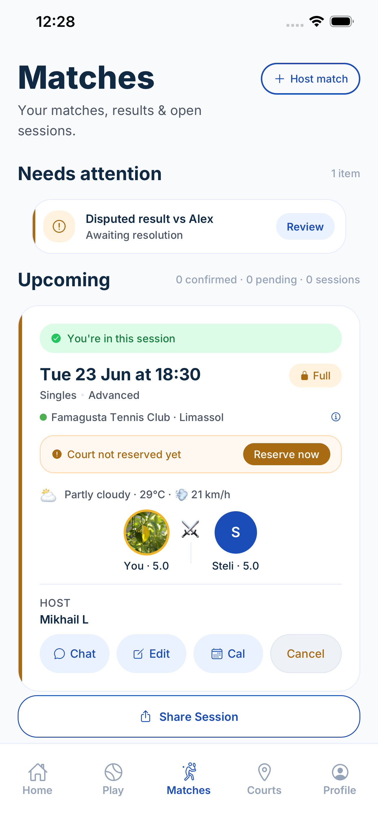 Matches tab — upcoming sessions, results and match management