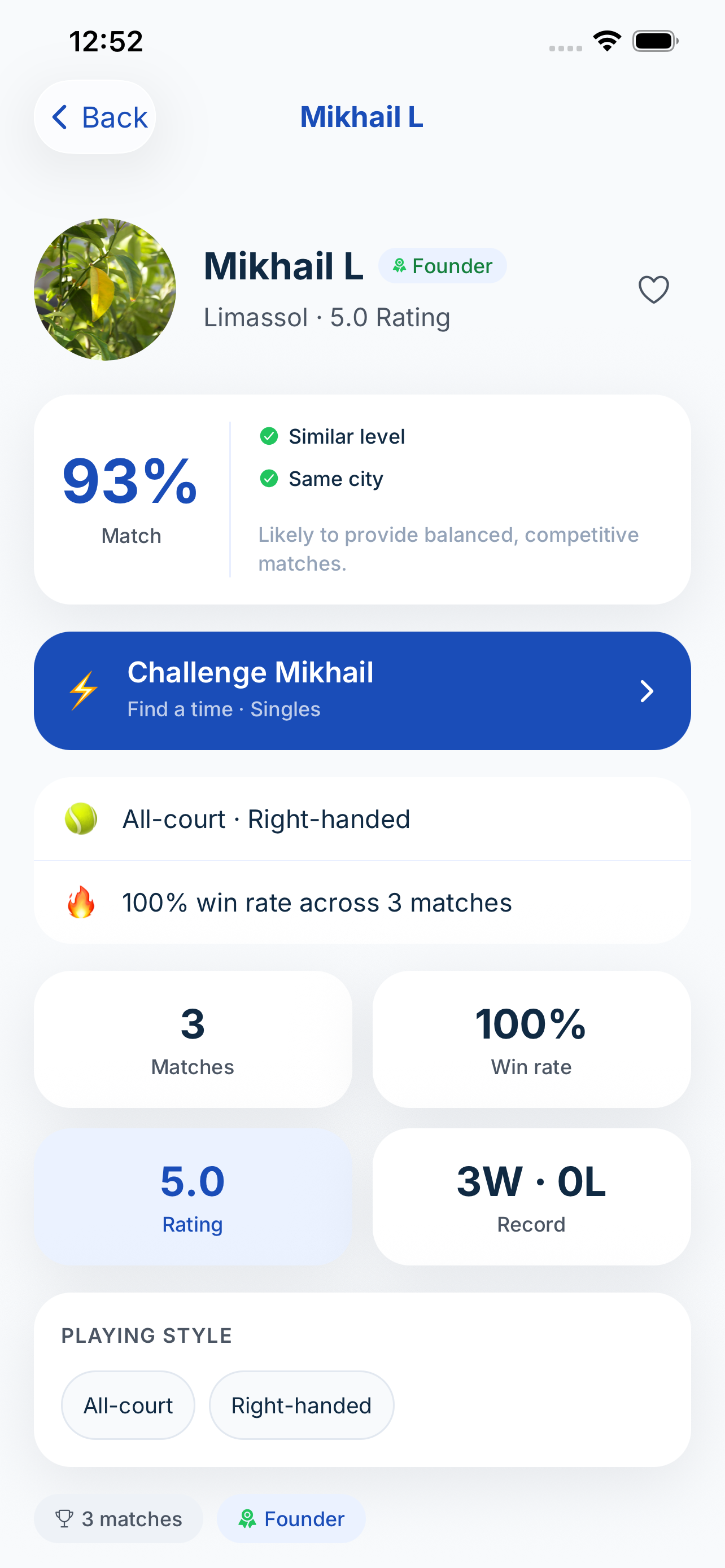 Player detail page — view stats, play style and challenge them to a match