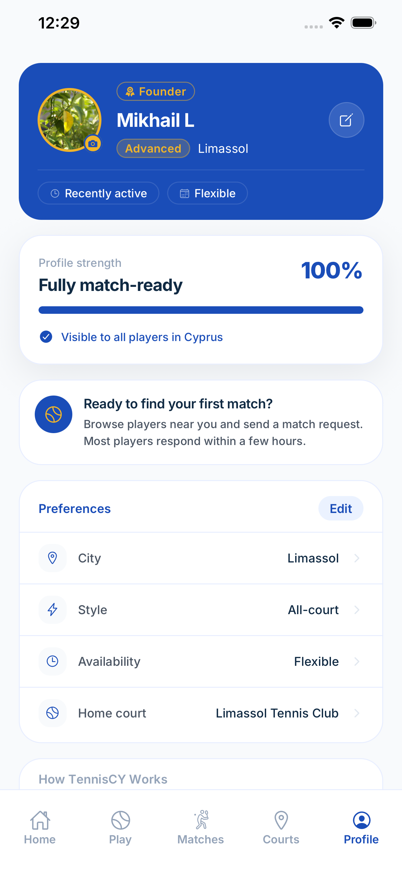 Player profile — skill level, preferences and match-ready status