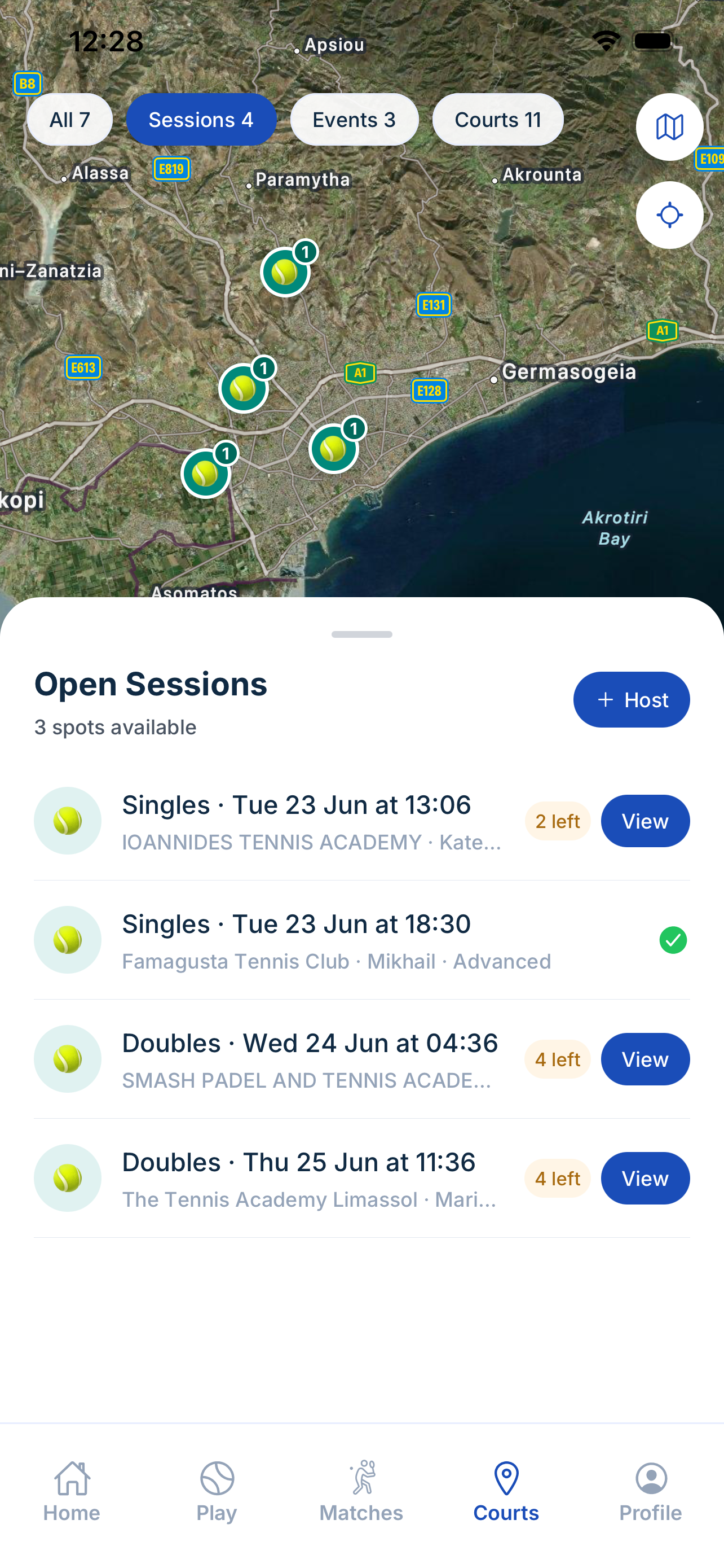 Open sessions — join or post a tennis session open to all players