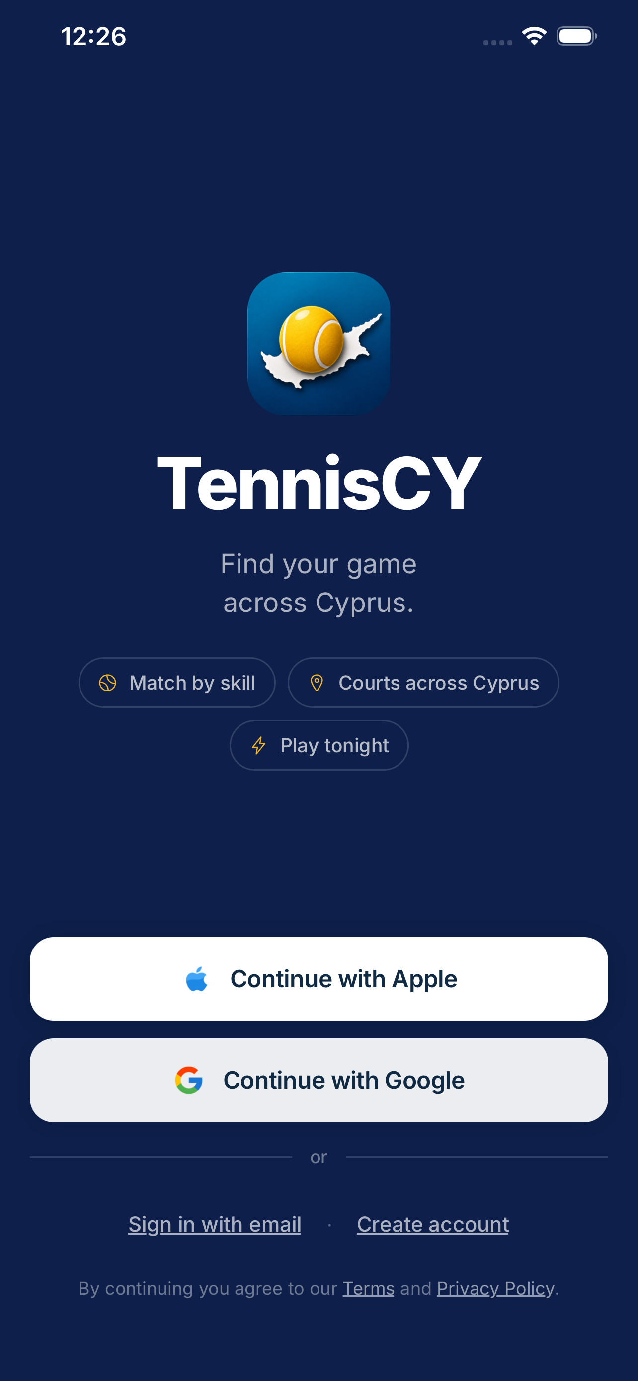 TennisCY sign-in screen — continue with Apple or Google